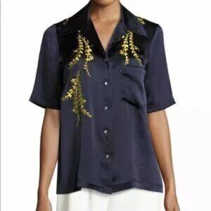 Cinq á Sept Silk Charmeuse Dani Blouse, Blue Gold Embroidered